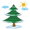 Clipart of a spruce tree and a rising sun on the winter season/ Xmas tree vector or color illustration