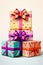 Clipart various-sized boxes wrapped in vibrant papers on white background