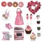 Cliparts collection - group of objects - valentine and retro kitchen and bakery set - Cupcakes, donuts, Stove, Kitchen aid...