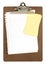 Clipboard, balnk paper, yellow post-it style sticky notes isolated on white background, copy space