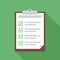 Clipboard with checklist. Exam or test form with checkboxes. Green background with shadow