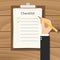 Clipboard checklist productivity hand check flat vector with holding pencil