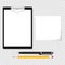 Clipboard with clamp, clutch, pen and pencil, clear list of paper. Gray background. Vector illustration