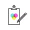 Clipboard icon with pencil. Black outline. Creativity. Colorful circles. Vector illustration, flat design