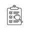 Clipboard with magnifier loupe icon, business concept. Analysis, analyzing icon. File search icon, document search.