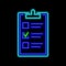 Clipboard with one checked box neon sign. Bright glowing symbol