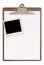 Clipboard with polaroid photo frame, white blank paper, copy space, isolated on white background