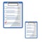 Clipboard with red check mark checklist icon. Elections. List of completed assignments, cases, survey, exam concepts