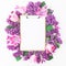 Clipboard, tulips and lilac branch on pink background. Flat lay, top view. Beauty blog concept.