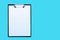Clipboards with blank white paper sheet on blue background
