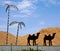Clipped camel silhouettes and metal palms at sawdust storage fen