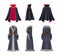 Cloak costume set front, back and side view. Clothes accessory of vampire and king or knight