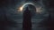 Cloaked figure standing before an otherworldly large moon