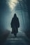 cloaked mysterious human figure walking a foggy forest path.