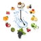 Clock arranged from healthy fruits splash by water isolated on w