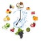 Clock arranged from healthy fruits splash by water isolated on w