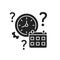 Clock and calendar with a question mark glyph black icon. Confusion with time and date. Dementia symptom. Memory loss. Sign for