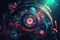 Clock and clock gears in space, futuristic abstract background, vibrant colors, illustration, time and universe concept. Generativ