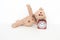 The clock and A cute teddy bear show some simple yoga poses to stretch and strengthen.