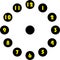 Clock dial enormous yellow numbers in circle hourly on black circle