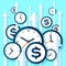 Clock and dollar icons in flat style, timers and money sign on color background. Arrows up. Mission concept. Time management. More