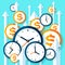 Clock and dollar icons in flat style, timers and money sign on color background. Arrows up. Mission concept. Time management. More
