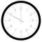 Clock face. Hour dial with numbers and hour and minute hand. Dashes mark minutes and hours. Thin outline design. Simple