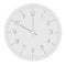 Clock face. Hour dial with numbers and hour, minute and second hand. Dashes mark minutes and hours. Thin outline design
