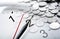 Clock face and Russian ruble coins and digits closeup