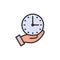 Clock in hand, time management flat color line icon.