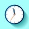 Clock icon in flat style, round timer on blue background. Five minutes to twelve. Simple watch. Vector design element for you busi