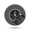 Clock icon in flat style. Watch vector illustration on black round background with long shadow effect. Timer circle button