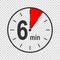 Clock icon with six minute time interval. Countdown timer or stopwatch symbol with 6 min text. Infographic element for