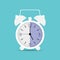 Clock icon in trendy flat style. Alarm clock, wake - up time. White clock with shadow on blue background