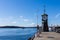 Clock located at the Aker Brygge pier on a beautiful, sunny day