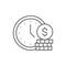 Clock with pile of coins, time is money, easy instant credit, fast money lineal icon. Time management symbol design.