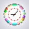 Clock and pills and tablets around it, healthcare and medical concept