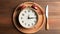 Clock placed on a plate flanked by a fork and a knife , symbolizing the importance of timing in eating habits