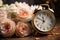 Clock and Ranunculus flowers grace white wooden table timetraveling decor