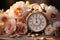 Clock and Ranunculus flowers grace white wooden table timetraveling decor