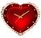 Clock with red hearts. Gold watches and clocks on a background of red velvet heart with floral ornament