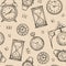 Clock seamless pattern. Sketch time, sketch hourglass and mechanic watch, timepiece vector vintage texture