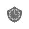 Clock with shield, security time grey icon.
