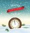 Clock showing one minute to twelve, new year greeting card, illustration