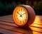 a clock sitting on a wooden table at sunset