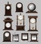 Clock time antique vintage ancient classic old traditional retro. Set of antique old realistic clocks design in detail