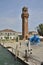 Clock tower and a blue murano glass sculpture