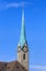 Clock tower of the Fraumunster Cathedral in Zurich, Switzerland