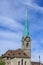 Clock tower of the Fraumunster cathedral in Zurich, Switzerland