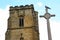 Clock tower of medieval cathedral with dove